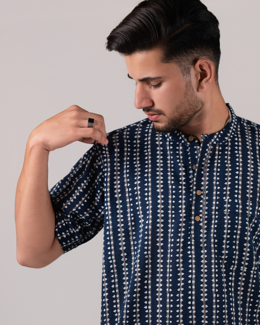 Deep Blue Stripes Batik Print Bushirt for Men